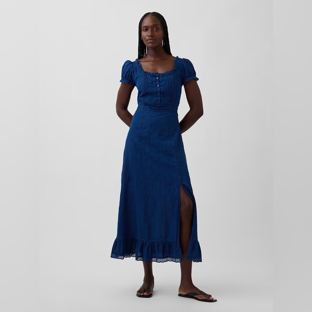 NWT! GAP Medium Indigo Embroidered Puff-Sleeve Maxi Dress - Multiple 🚂